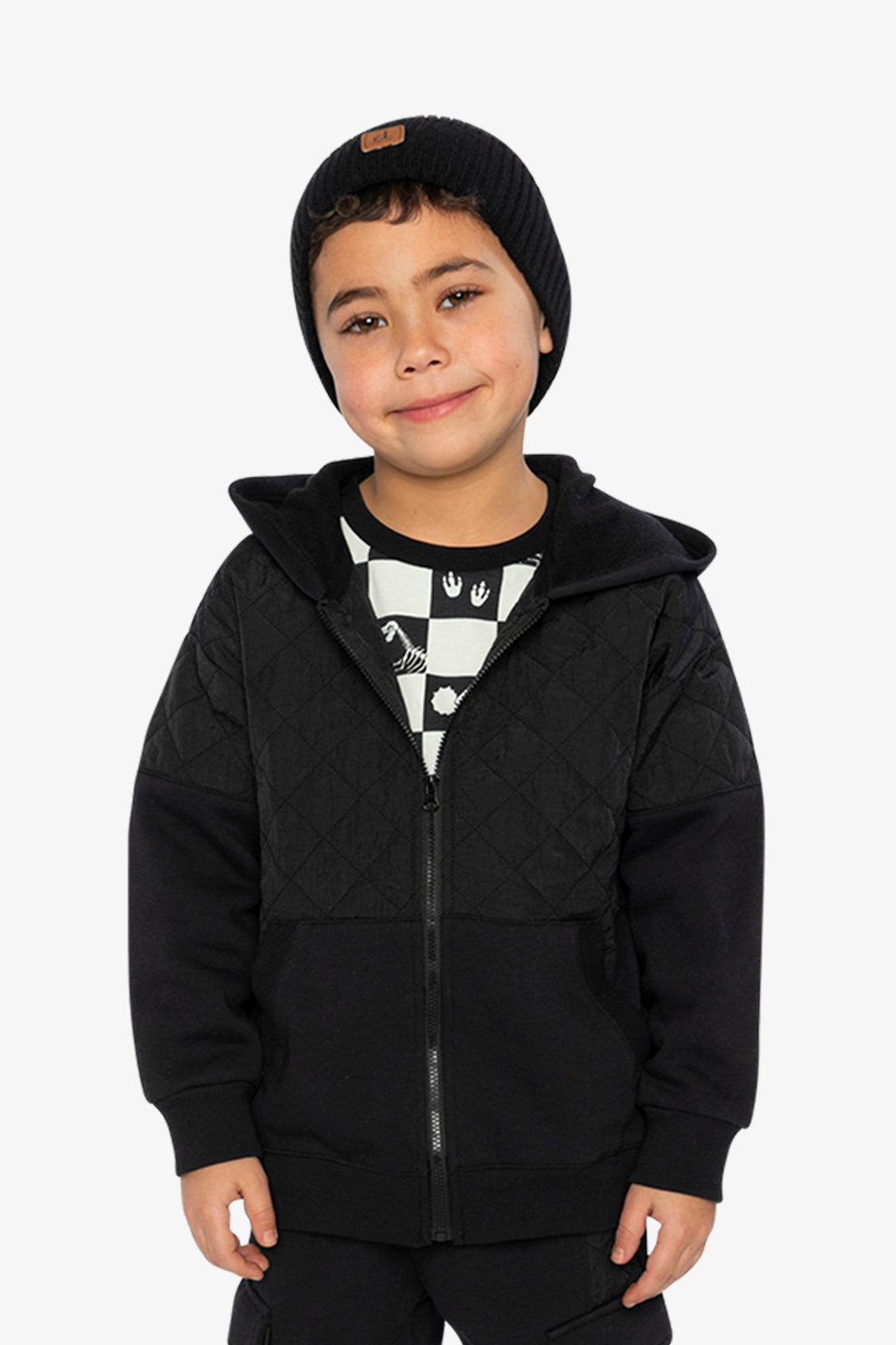 Full Zip Hooded Bi-Material Cardigan Black-1