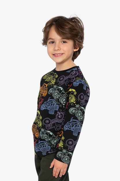 Organic Cotton Long Sleeve T-Shirt Black Monster Truck Print-2