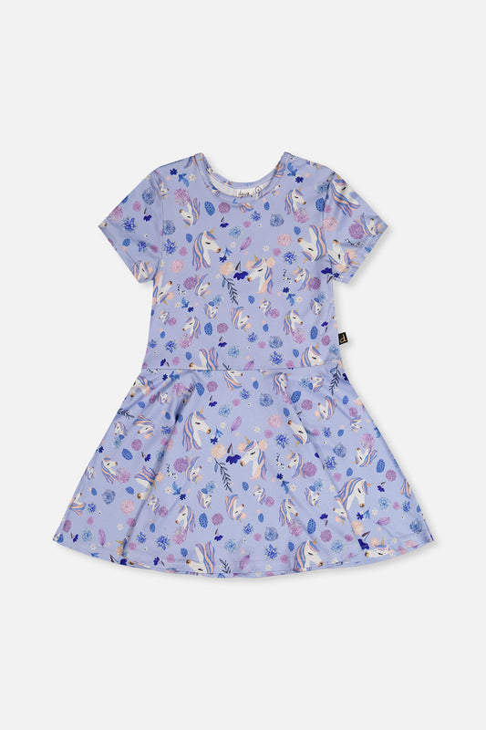 Short Sleeve Dress Purple Unicorn Print-0