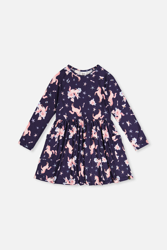 Long Sleeve Dress Navy Unicorn Print-0