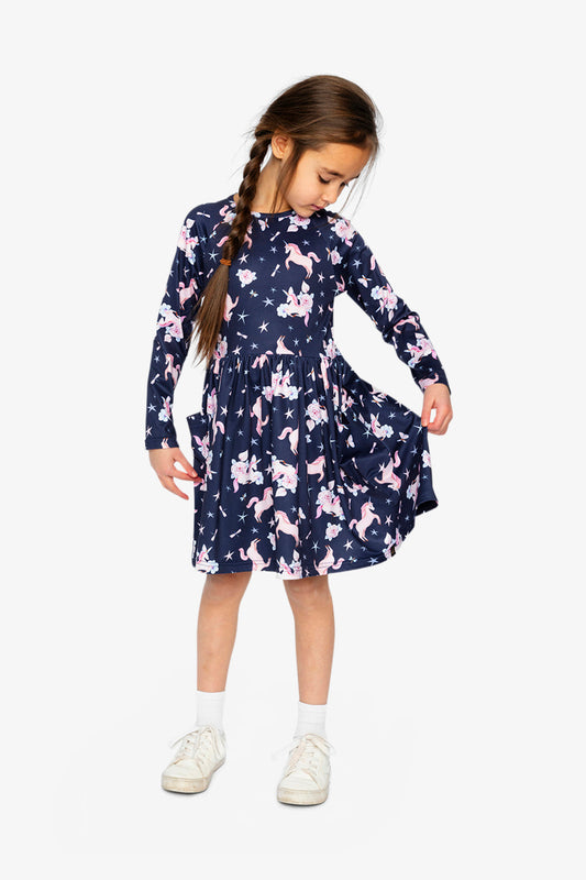 Long Sleeve Dress Navy Unicorn Print-1