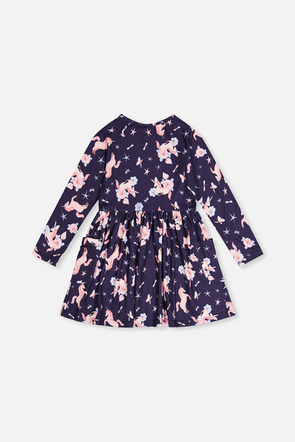 Long Sleeve Dress Navy Unicorn Print-4