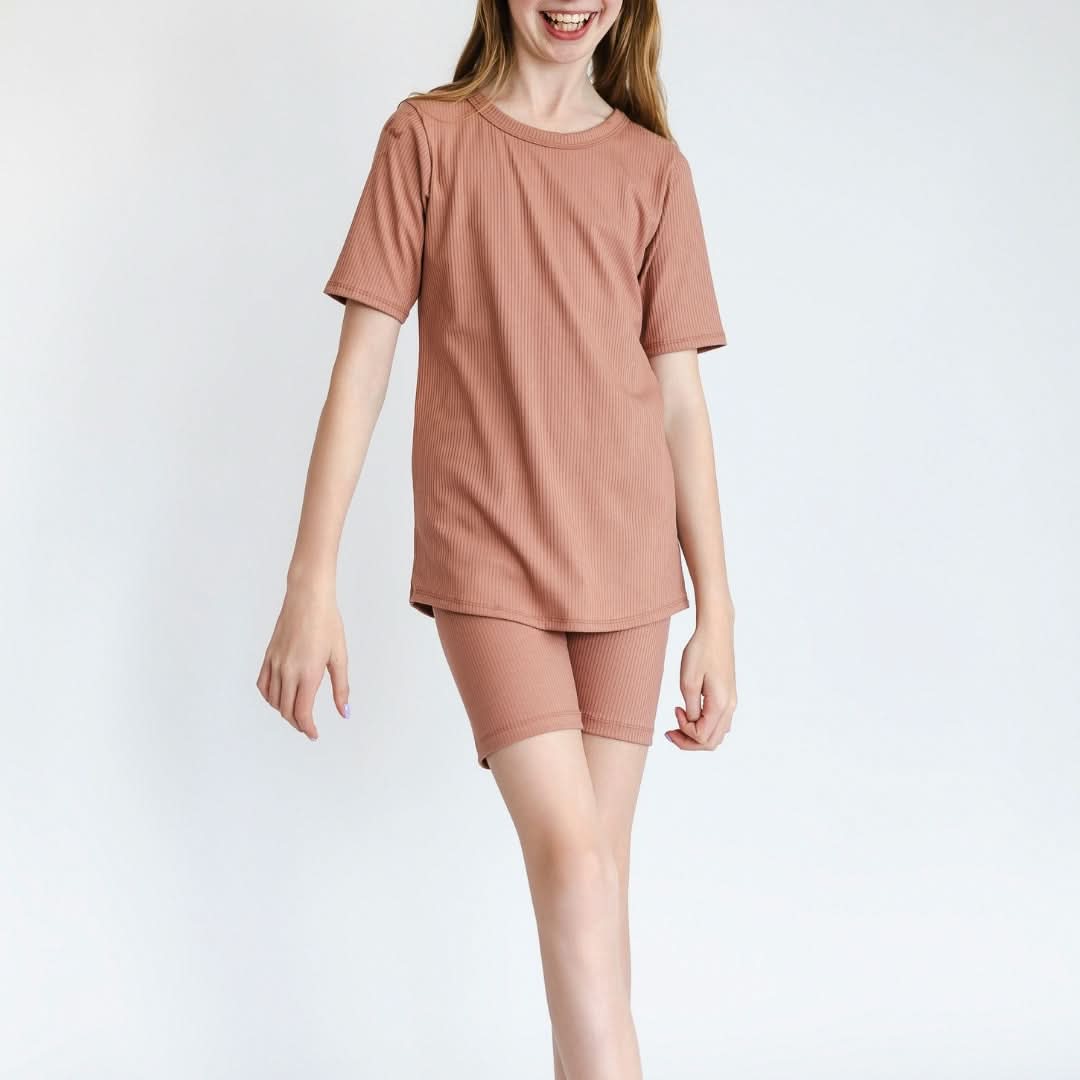 Youth 2-Piece Bamboo Short Sleeve Lounge Set | Terracotta Rib-0